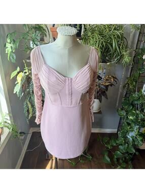 Elegant Pink Ruched Long Sleeve Mini Dress